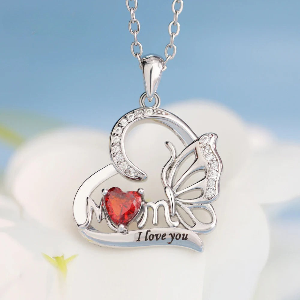 Butterfly Heart DIY Engraved MOM Birthstone Necklace
