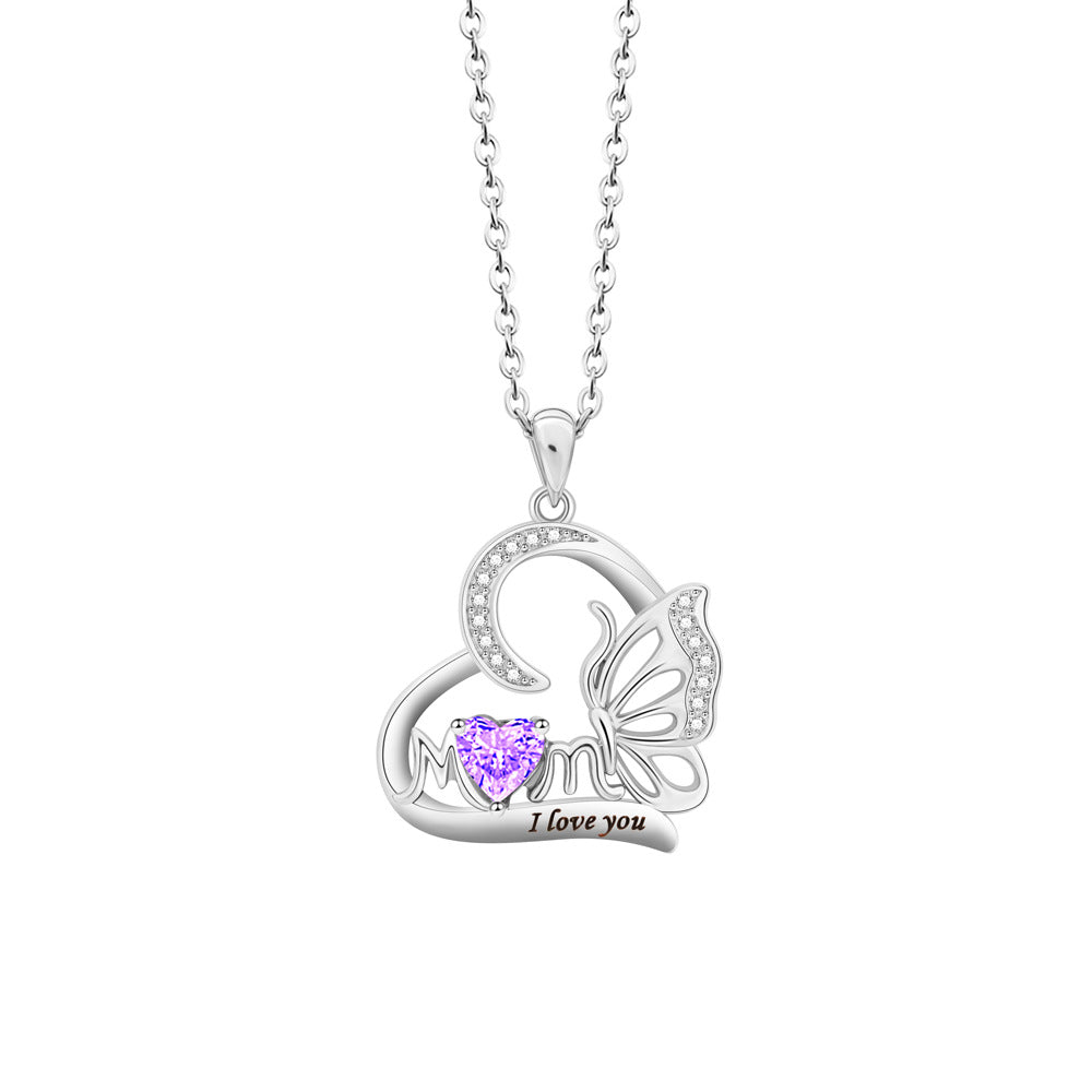 Butterfly Heart DIY Engraved MOM Birthstone Necklace