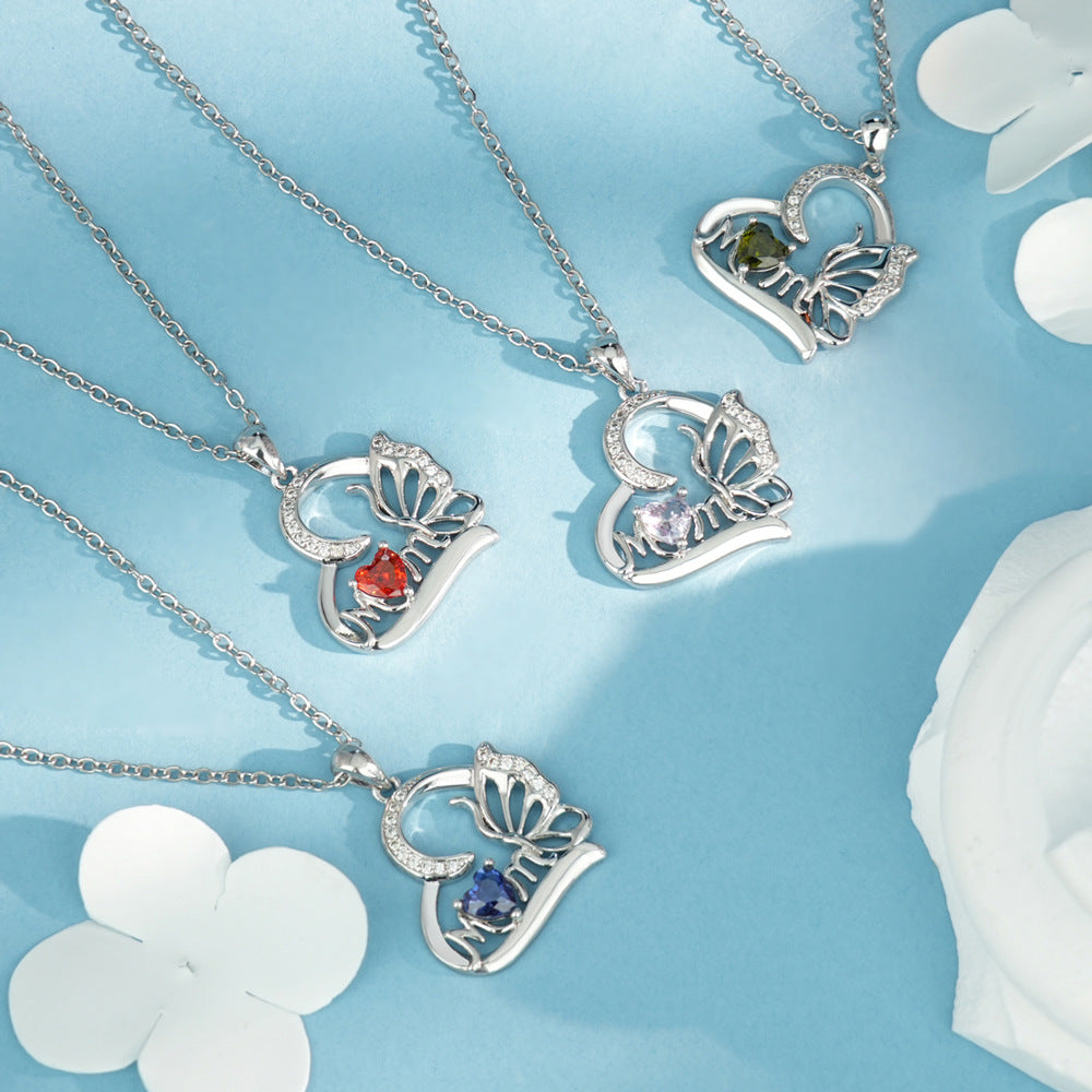 Butterfly Heart DIY Engraved MOM Birthstone Necklace