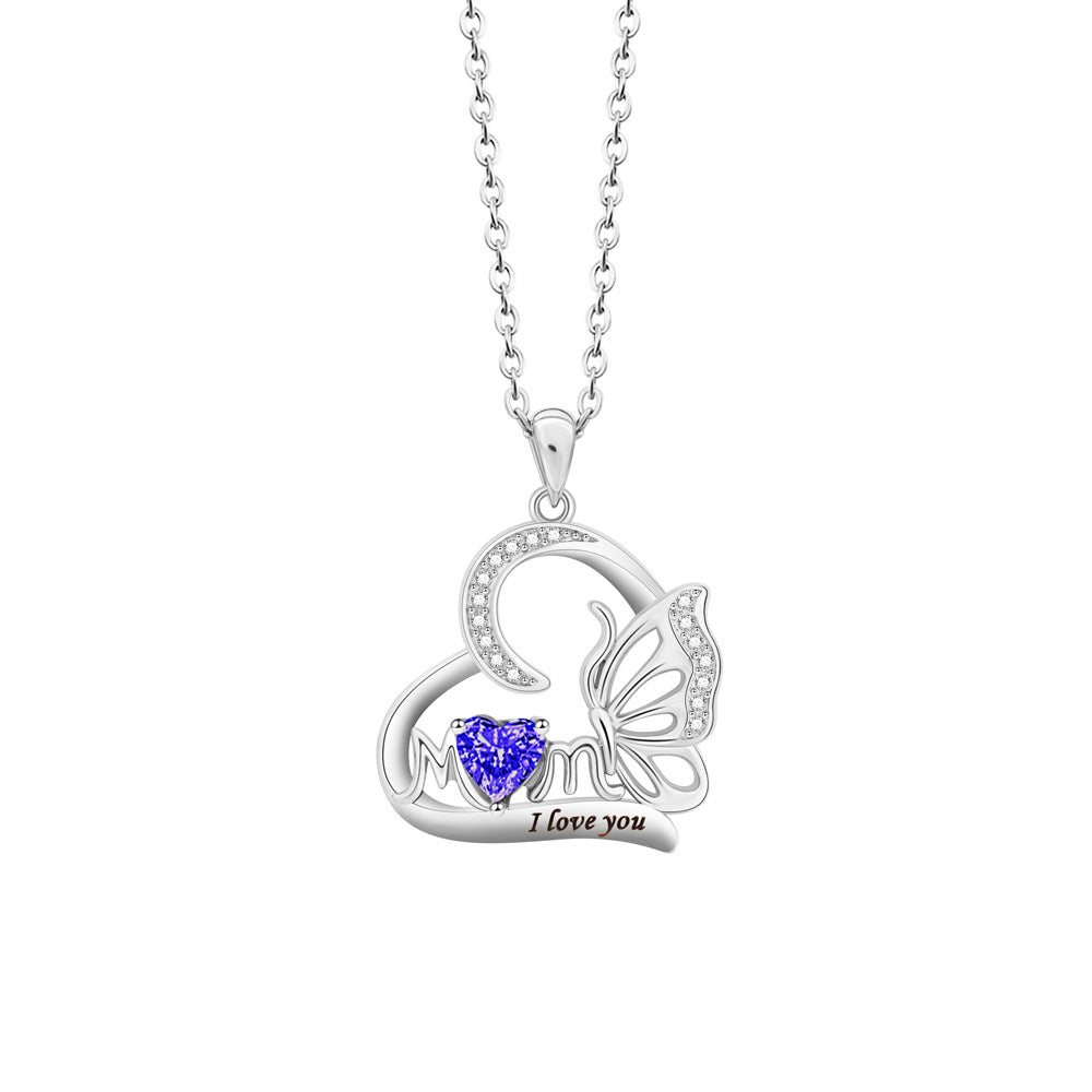 Butterfly Heart DIY Engraved MOM Birthstone Necklace