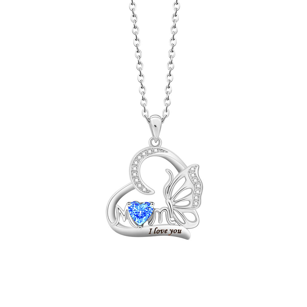 Butterfly Heart DIY Engraved MOM Birthstone Necklace