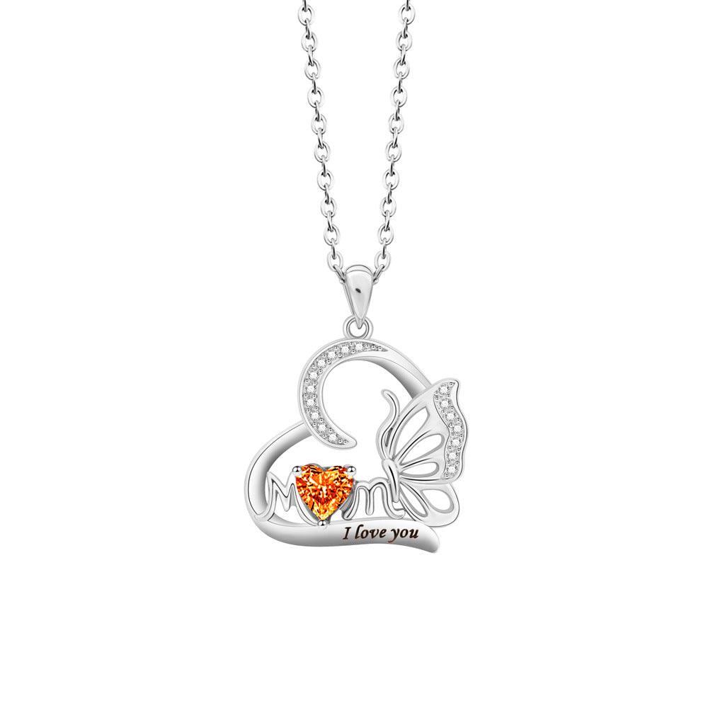 Butterfly Heart DIY Engraved MOM Birthstone Necklace