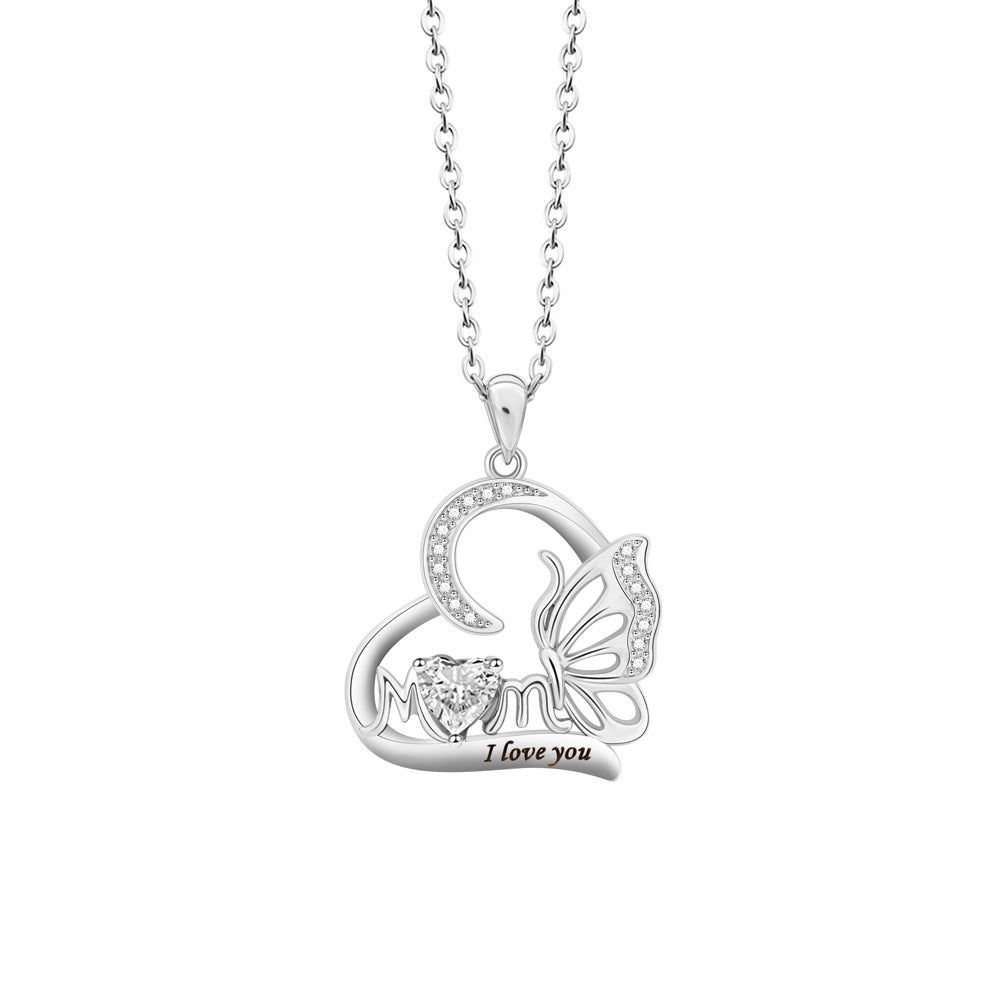 Butterfly Heart DIY Engraved MOM Birthstone Necklace