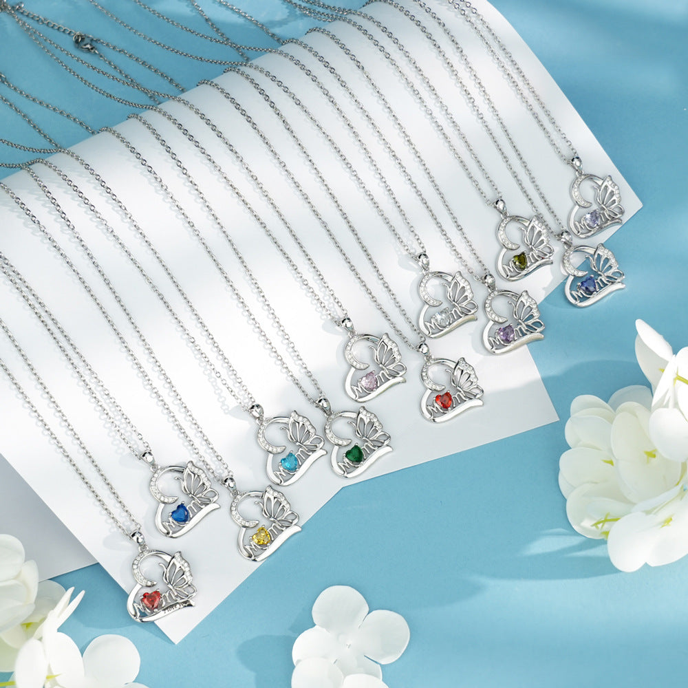 Butterfly Heart DIY Engraved MOM Birthstone Necklace