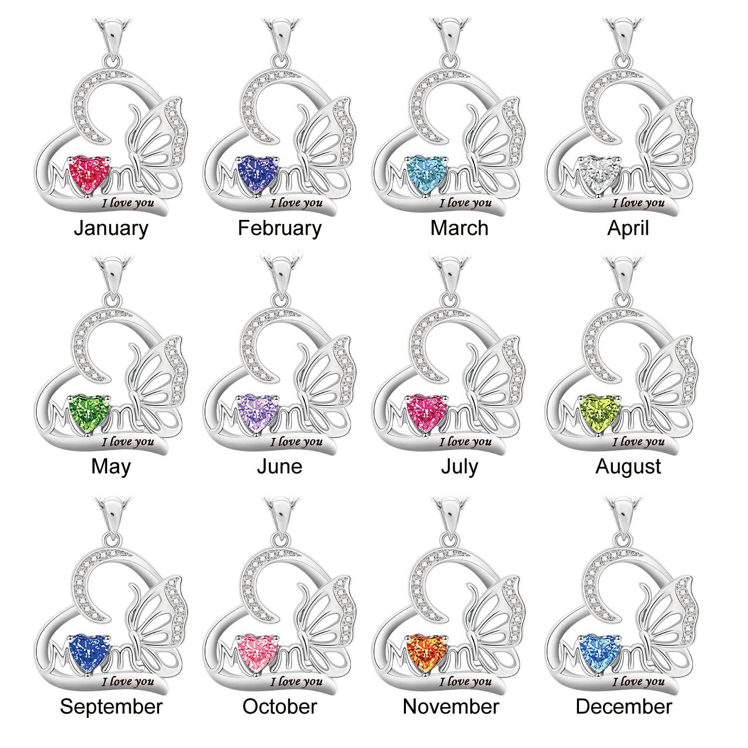 Butterfly Heart DIY Engraved MOM Birthstone Necklace