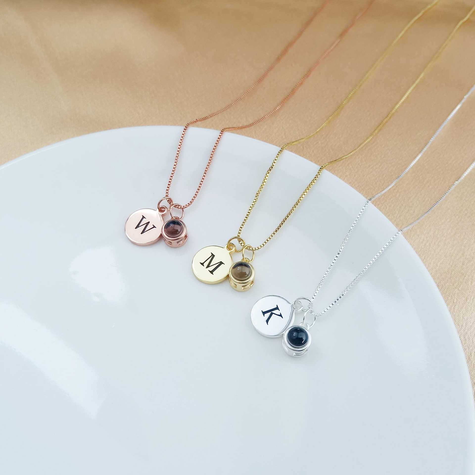 Custom Letter and Projection Stone Photo Necklace