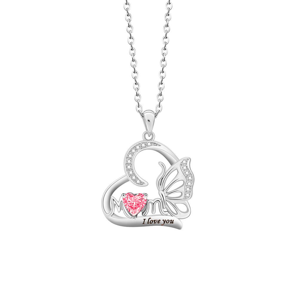 Butterfly Heart DIY Engraved MOM Birthstone Necklace