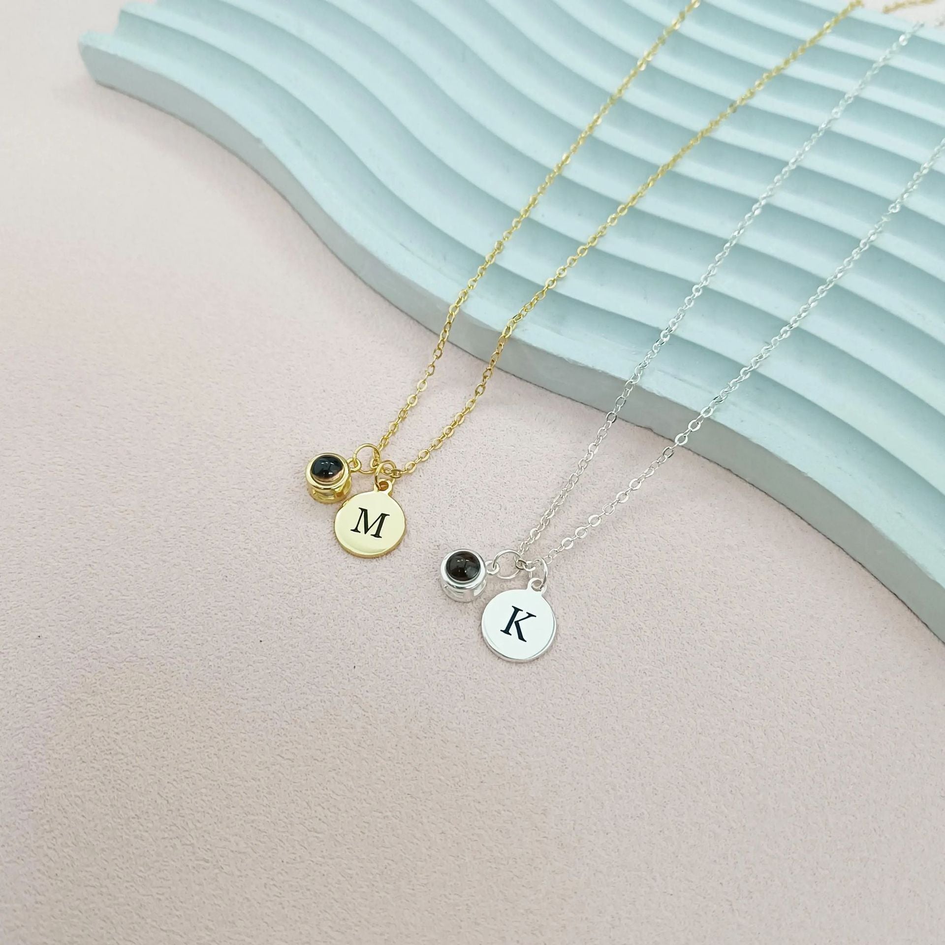 Custom Letter and Projection Stone Photo Necklace