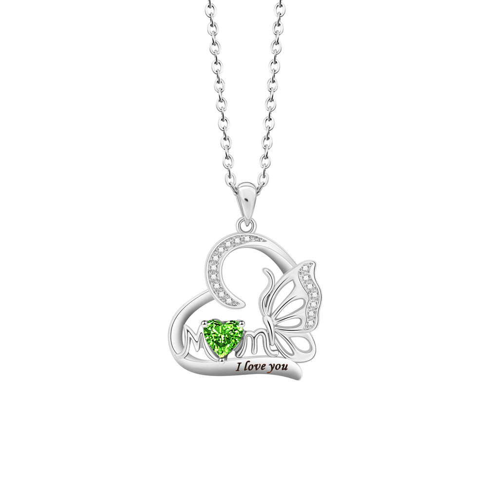 Butterfly Heart DIY Engraved MOM Birthstone Necklace