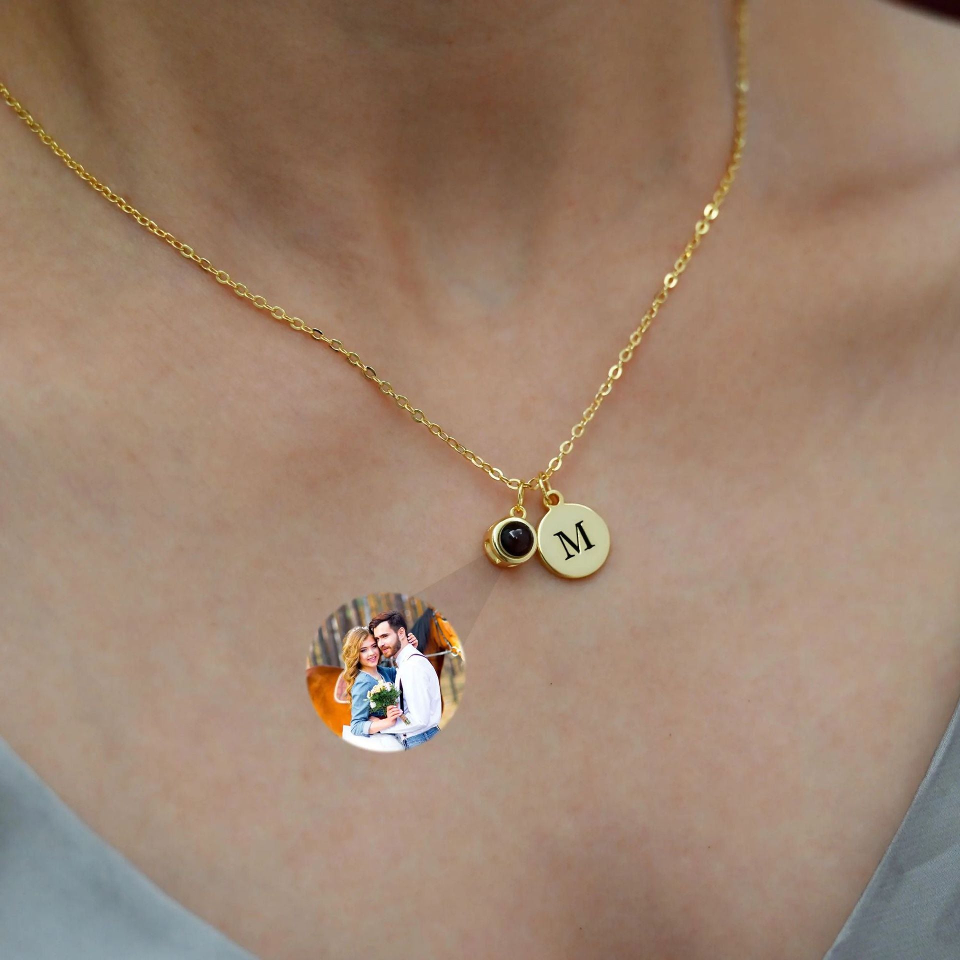 Custom Letter and Projection Stone Photo Necklace